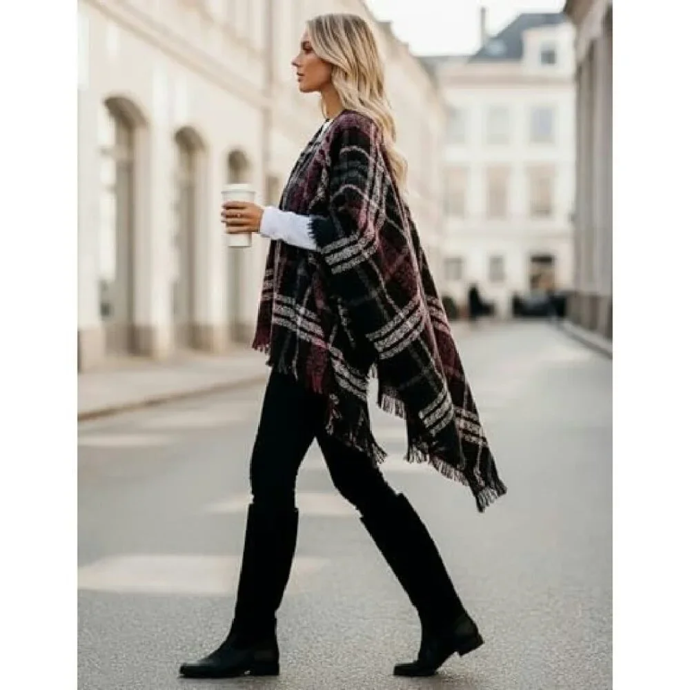 Oversized Reversible Poncho Shawl Wrap Warm Plaid Sweater Cape Cardigan